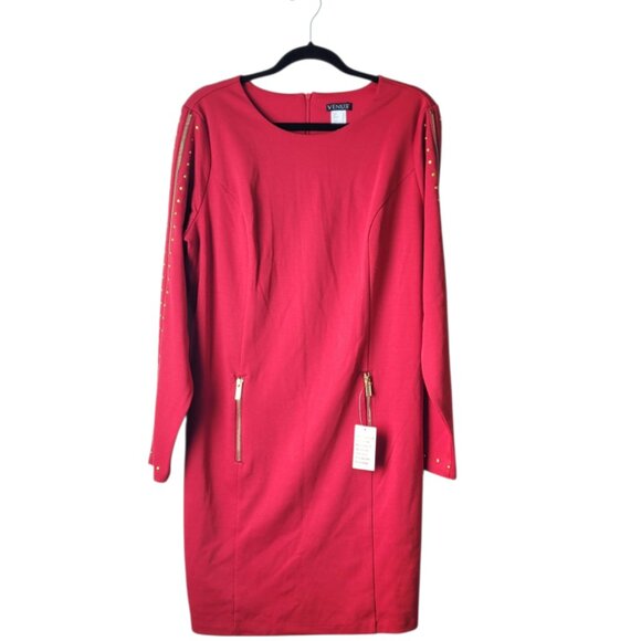 Venus Red Studded Long sleeve Zipper Dress - Picture 2 of 8